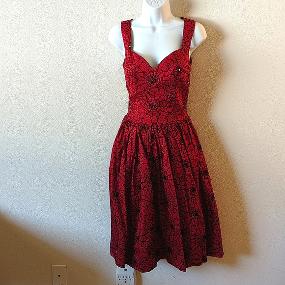 Pinup Couture Aurora Dress in Red with Flocked Black Spider Web - Picture 1 of 7